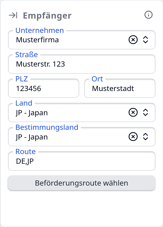 Screenshot mit Beispiel für ausgefüllte Empfängerdaten